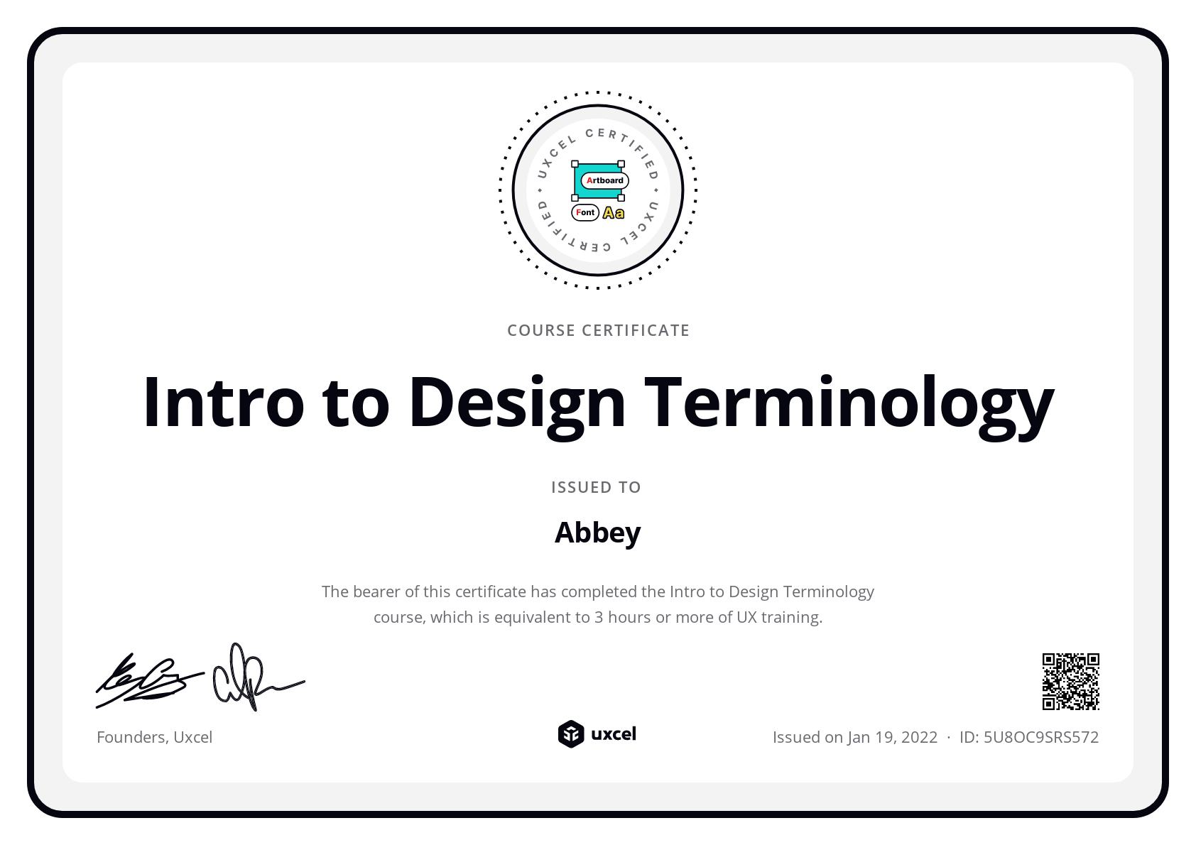 Abbey's certificate